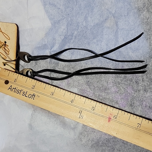 Keep It Gypsy Leather Tassels Dangle Earrings Long Black Rustic Circle Hoops - Picture 4 of 9